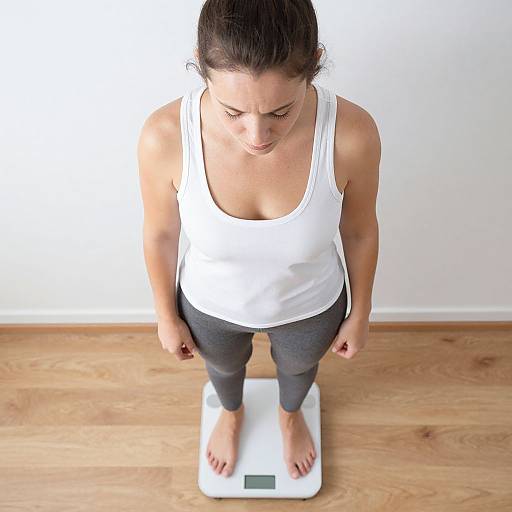 Photograph of a woman with dark hair in a white tank top and gray leggings, standing on a digital scale, looking down, in a wooden-f