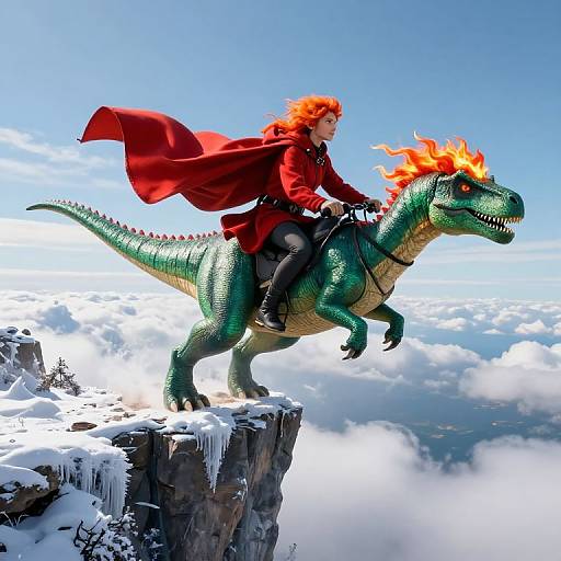 Digital art: Red-haired woman in red cloak riding a green, fire-headed dinosaur on a snowy cliff above clouds, bright blue sky.