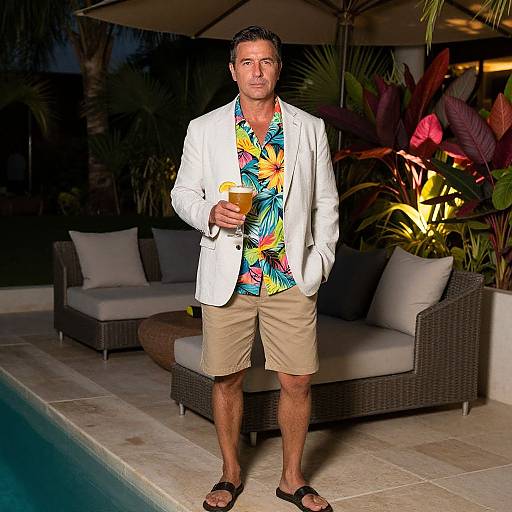 Photograph of a middle-aged man with short dark hair, wearing a white blazer, colorful Hawaiian shirt, beige shorts, and black sandals, holding