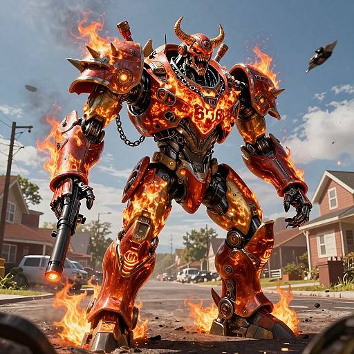 Photorealistic CGI of a fiery, demonic, armored robot with horns and glowing red-orange flames, standing on a suburban street.