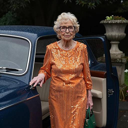 Elderly Woman in Vintage Car at Night