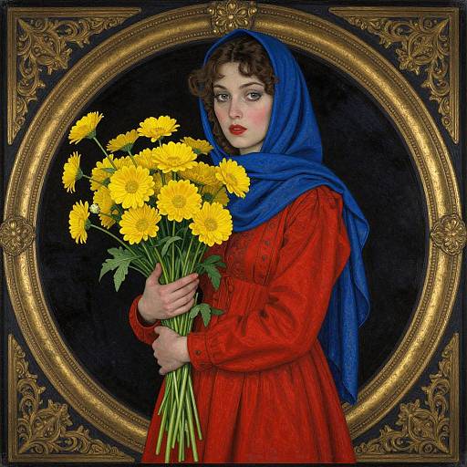 Digital painting of a fair-skinned woman with curly brown hair, wearing a blue headscarf and red dress, holding a bouquet of yellow flowers,