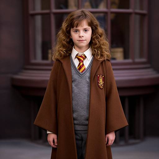 Photograph of a young girl with wavy brown hair, wearing a Hogwarts school uniform with a brown coat, gray sweater, white shirt, and striped