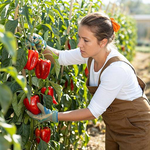Woman Harvesting Red Bell Peppers