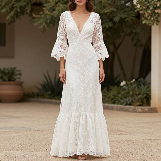 Photograph of a woman in a white lace, V-neck, long-sleeve dress standing outdoors, with blurred greenery and a potted plant