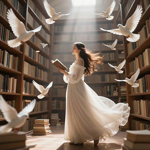 Photograph of a long-haired woman in a flowing white dress, reading in a sunlit library, surrounded by white doves.