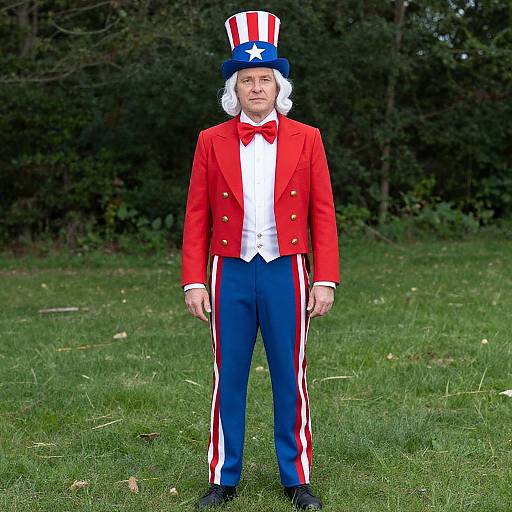 Photograph of a white man in a red jacket, white shirt, blue pants with red stripes, and a top hat with a star, standing on