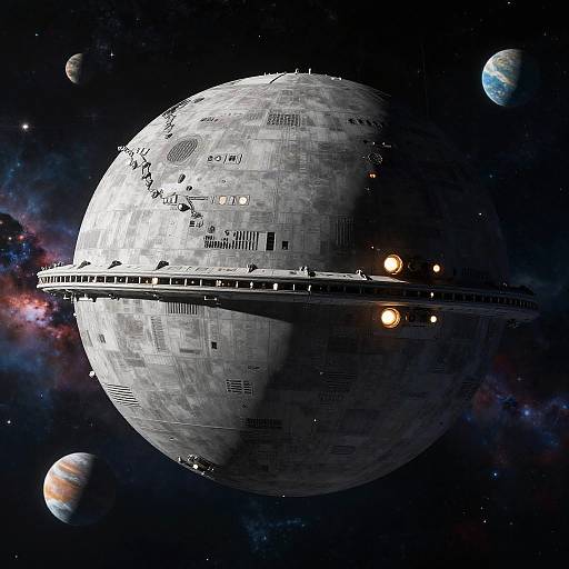 Digital artwork of a textured, grey, spherical planet with a ring-like structure, surrounded by smaller planets and a starry, cosmic background.