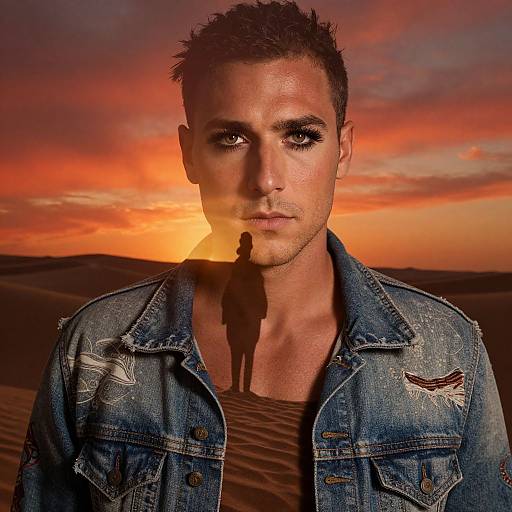 Photograph of a serious, short-haired man in a worn denim jacket, standing in a desert at sunset with his shadow superimposed behind him.