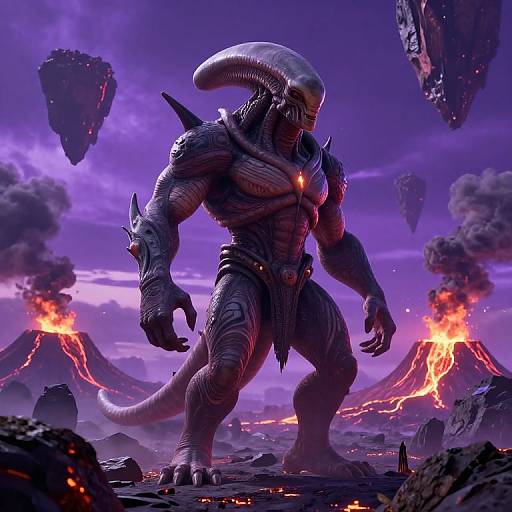 CGI of a muscular, alien Xeno Xenomorph with a large, curved skull, standing in a volcanic, purple-hued, fiery landscape