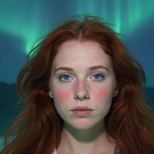 Photograph of a fair-skinned, freckled redheaded woman with blue eyes, looking directly at the camera against a vibrant blue and green aur