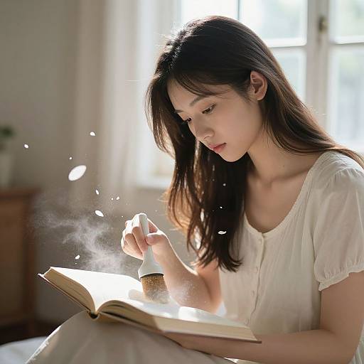 Photograph of an Asian woman with long black hair, wearing a white blouse, reading an open book in soft sunlight, with floating white particles around her