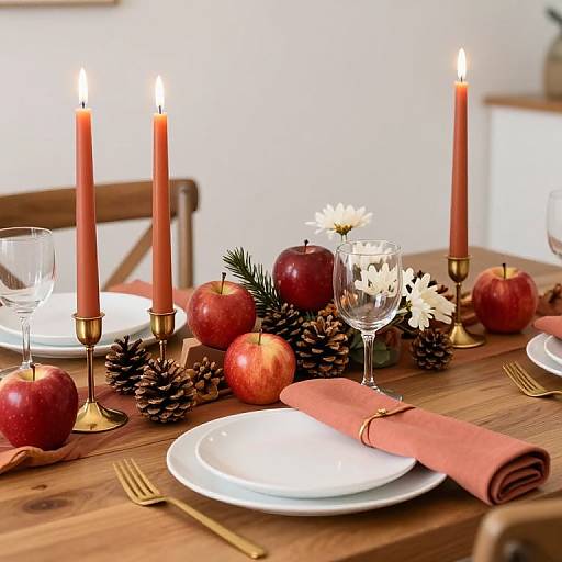 Autumnal Table Setting with Apples and Candles
