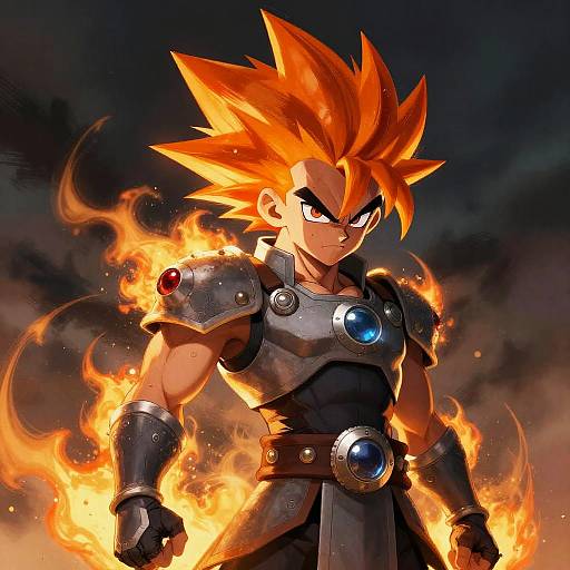 Digital artwork of Sonic-type anime warrior with spiky orange hair, glowing blue and red armor, surrounded by fiery flames, intense expression, dark ominous background