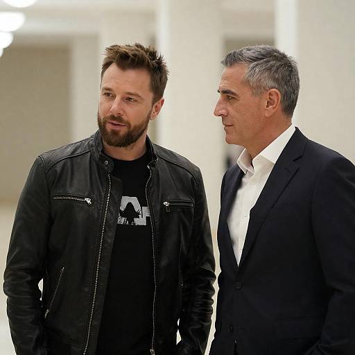 Two Men Indoors: Leather and Suit