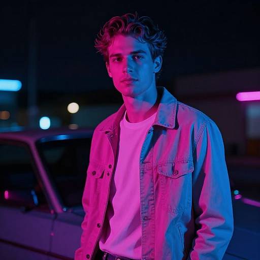 Photograph of a young man with wavy blonde hair, wearing a denim jacket and white shirt, illuminated by pink and blue neon lights at night,