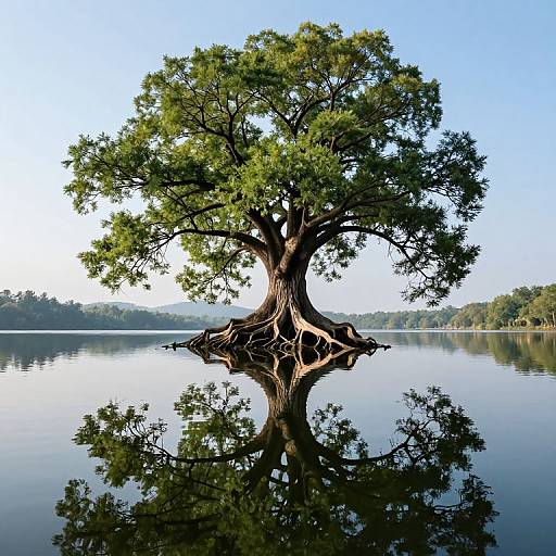 Photograph of a large, solitary tree with sprawling branches and green leaves, perfectly reflected in a calm, clear lake under a bright blue sky.