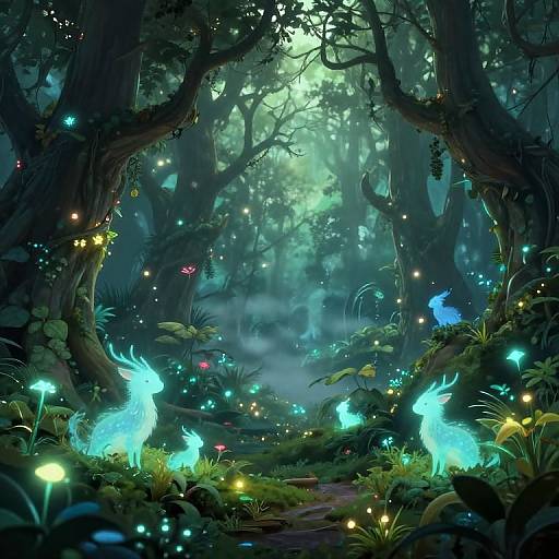 Dreamy digital painting of a mystical forest with glowing blue deer, ethereal fireflies, and luminescent flora, bathed in soft green light