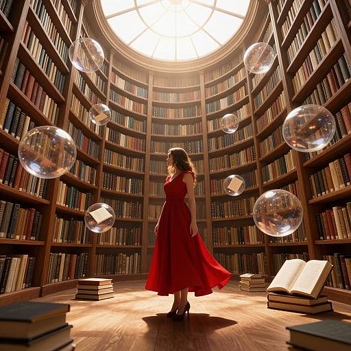 Photograph of a woman in a red dress standing in a circular library with floating transparent bubbles, surrounded by shelves of books and open books on the floor