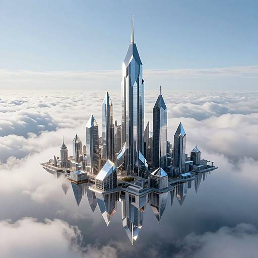 CGI image of a futuristic, mirrored skyscraper city floating in the clouds, reflecting below on a glass-like surface. Bright sunlight highlights sleek, modern