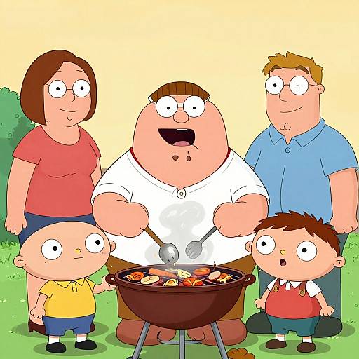 Cartoon family barbecue: heavyset father grilling, mother and two sons standing, second son with red vest, green lawn, sunset background.