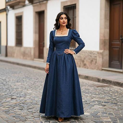 Woman in Traditional Spanish Heritage Dress on Cobblestone Street