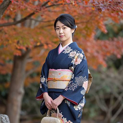Photograph of a Japanese woman in a blue floral kimono with an orange and white obi, standing in an autumn forest with vibrant red and orange