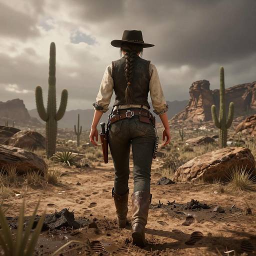 Cinematic Bounty Hunter in Desert Scene