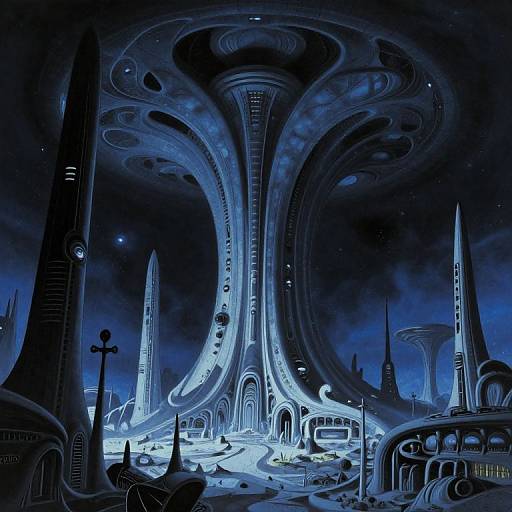 Digital artwork of a futuristic, blue-lit cityscape with towering, swirling, sci-fi skyscrapers, illuminated streets, and gothic-style sp