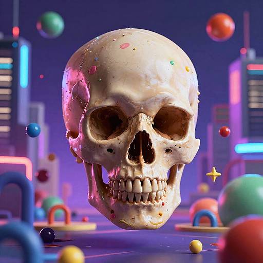 Frowning Skull in Cyberpunk Dreamscape