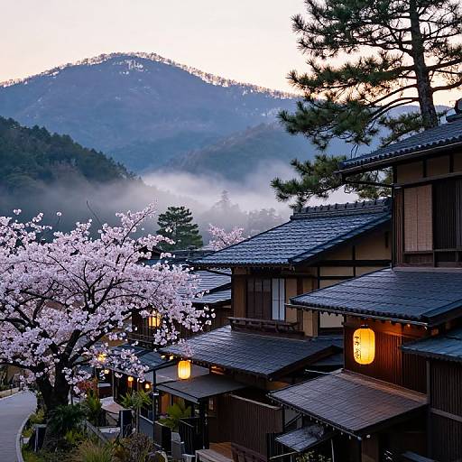 Photograph of traditional Japanese house with black tiled roofs, illuminated windows, cherry blossom tree, misty mountain background, and pine trees.