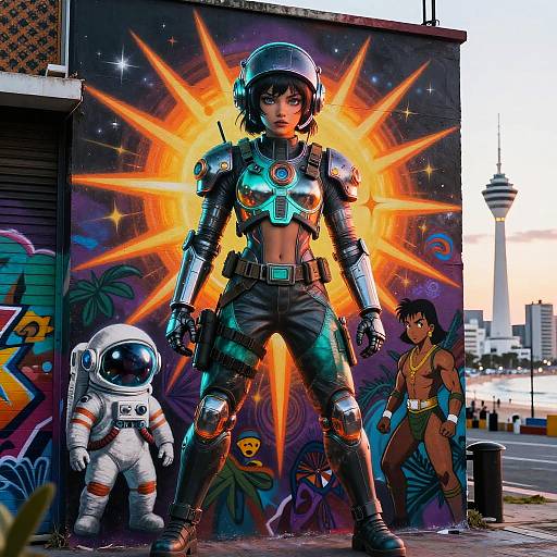 Digital artwork of a futuristic, armored woman with neon blue accents, standing before a vibrant graffiti wall with a space suit and a dark-haired girl, city