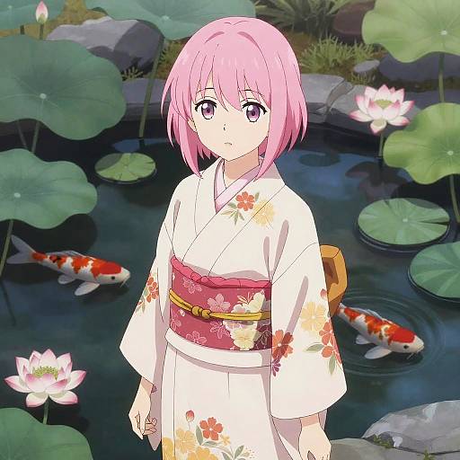 Pink Hair Anime Girl in Kimono