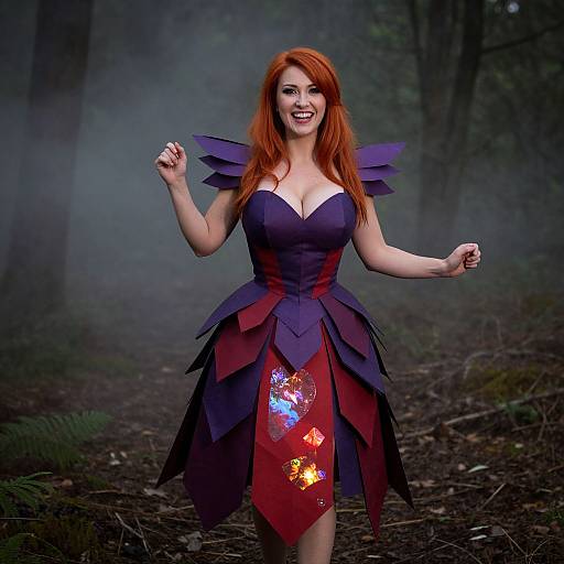 Photograph of a smiling red-haired woman in a dark purple, layered, fairy-like dress with glowing red and blue accents, standing in a misty