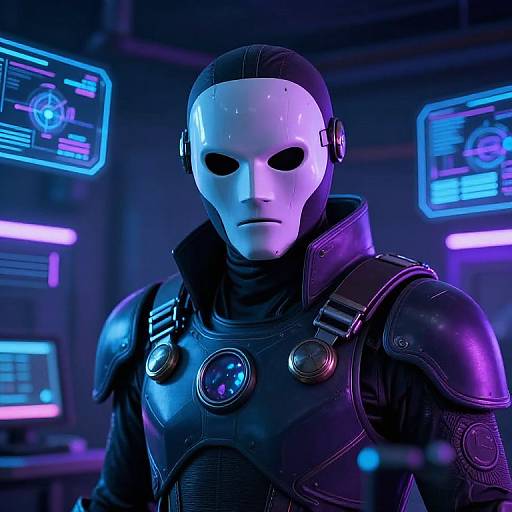 Cyberpunk male figure in black armor with glowing blue and purple lights, white mask with black eyes, futuristic high-tech background.