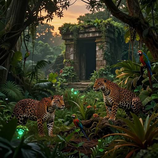 Digital artwork of two leopards in a dense, lush jungle with glowing lights, near an ancient, overgrown stone archway, and colorful birds