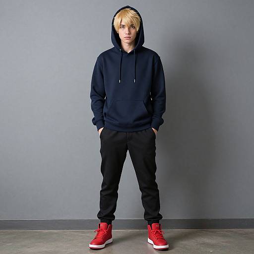 Photograph of a young man with blonde hair, wearing a black hooded sweatshirt, black pants, and red sneakers, standing against a gray wall