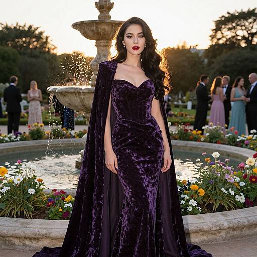 Photograph of a striking woman with dark wavy hair in a velvet, deep purple evening gown and cape, standing in front of a sunlit garden
