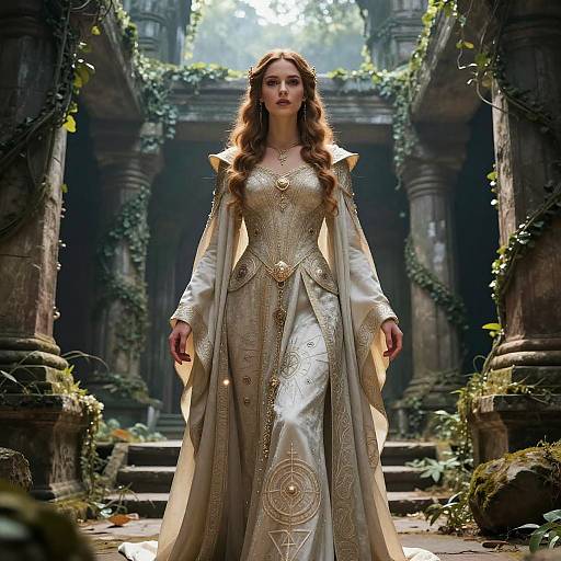 Fantasy photograph of a fair-skinned, long-haired woman in an ornate, gold-embroidered gown, standing in a sunlit,