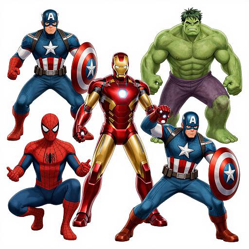 Digital artwork of six superheroes: Iron Man, Thor, Hulk, Captain America, Spider-Man, and a Star-Spangled Man with a Plan,