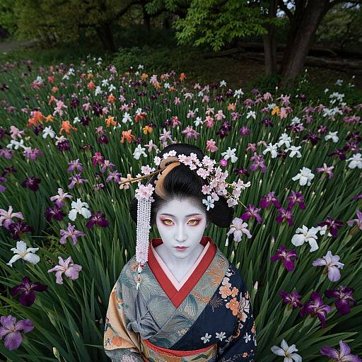 Photograph of a white-faced Japanese geisha with black hair adorned in a floral headpiece, wearing a colorful kimono, standing amidst a vibrant field