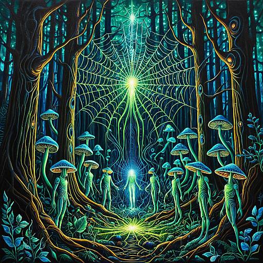 Psychedelic Forest Guardians Bioluminescent Oil Painting