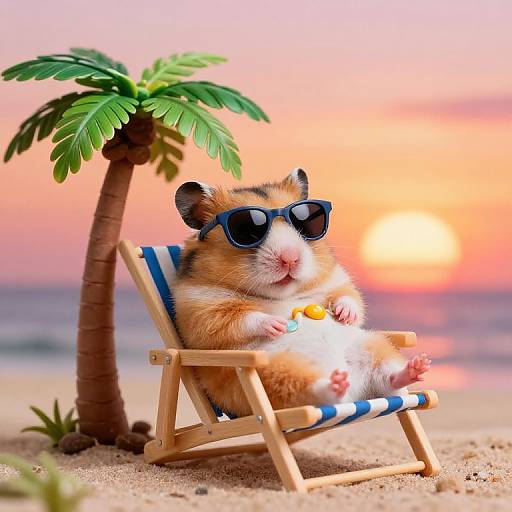 Photorealistic CGI of a hamster in blue-striped deck chair, wearing black sunglasses, eating snack, with palm tree and sunset beach background.