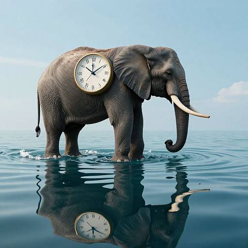 Elephant with Clock in Mirrored Ocean