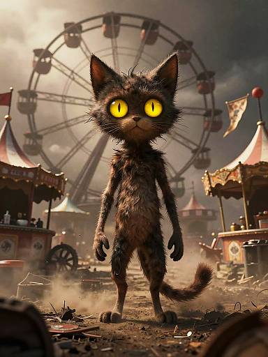 CGI image of a dark-furred, glowing yellow-eyed cat standing in a dusty, circus-themed background with a Ferris wheel and carnival booths.
