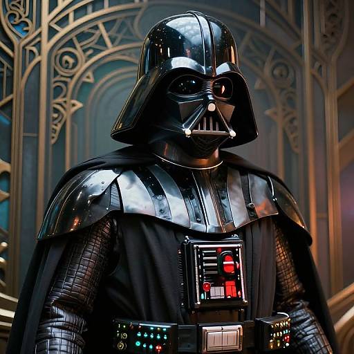 Photorealistic digital image of Darth Vader in his iconic black armor and helmet, standing in a dimly lit, ornate room.