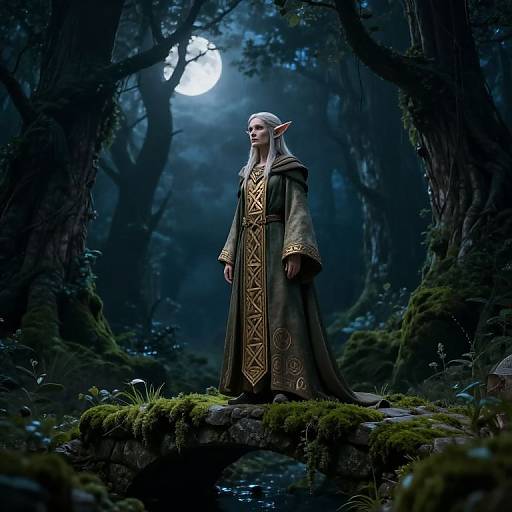 Digital artwork of a tall, white-haired elf in a detailed, gold-trimmed robe, standing on a mossy stone in a dark, moon