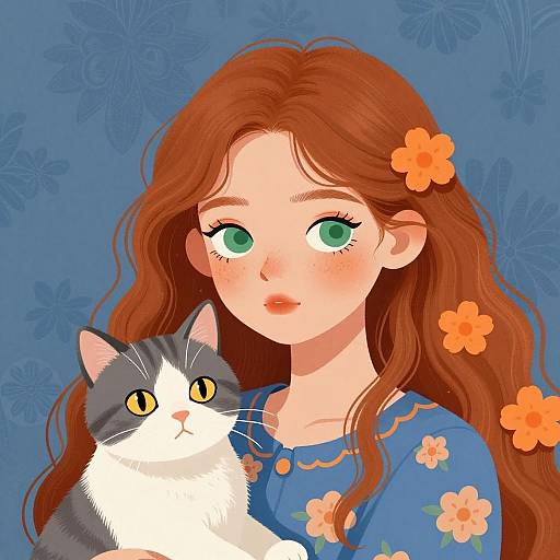 Young Girl with Cat and Floral Patterns