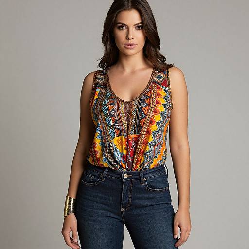 Photograph of a woman with long dark hair, wearing a colorful, patterned sleeveless top and dark jeans, with a gold bracelet, standing against