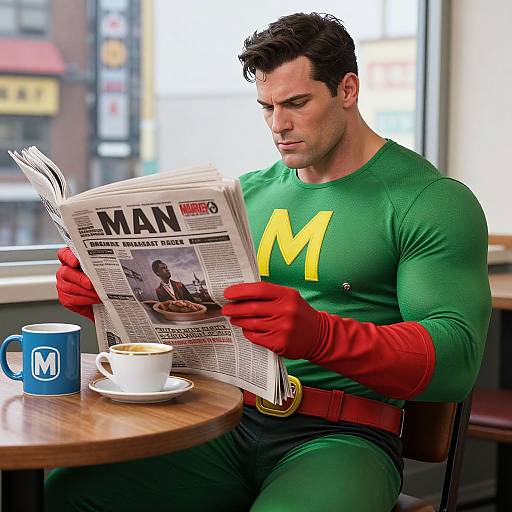 Photograph of a muscular man in a green superhero suit with a yellow 